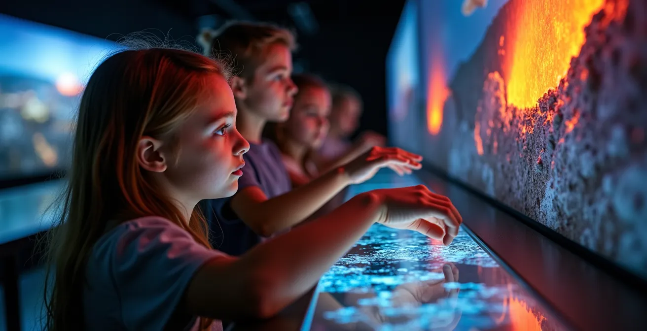 Groupe d'adolescents explorant une installation interactive sur le volcanisme