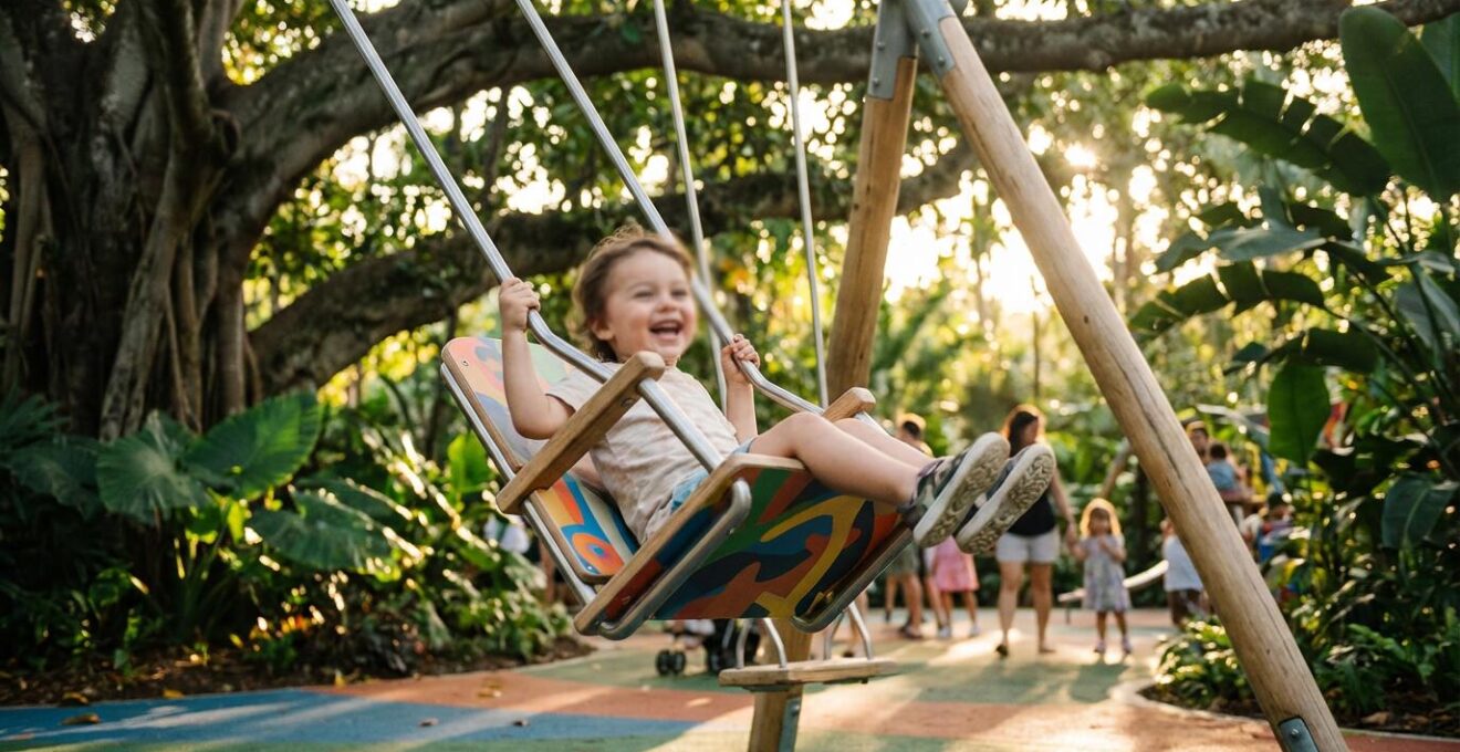 Aire de jeux pour enfants sous l'ombrage des grands arbres du jardin