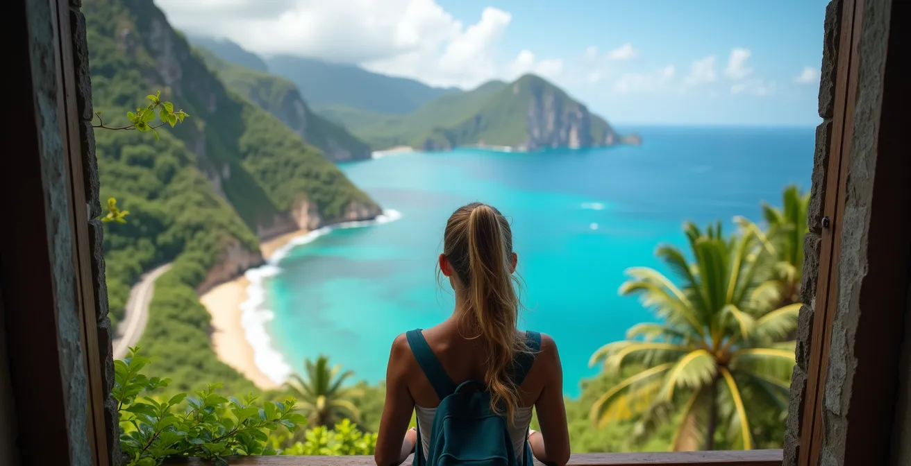 Vue panoramique depuis l'aire de repos du Tabac montrant le lagon et la route serpentant dans la végétation tropicale