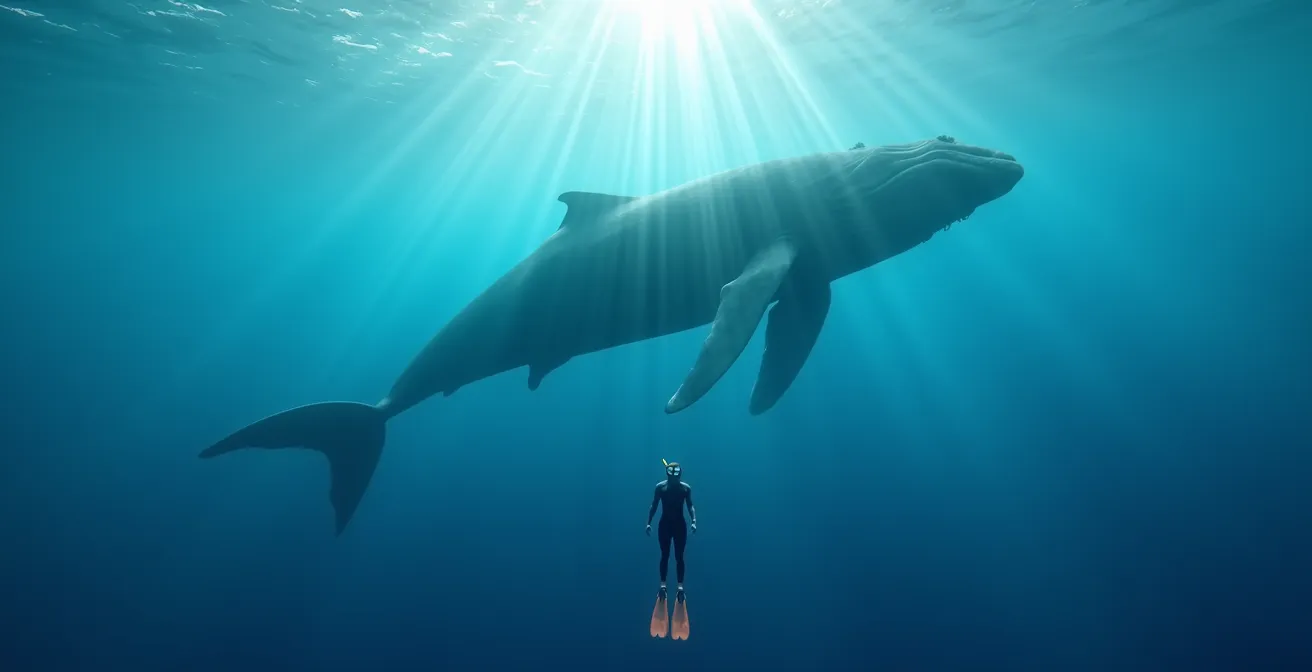 Nageur en position verticale passive flottant en bouteille face à une baleine à bosse curieuse