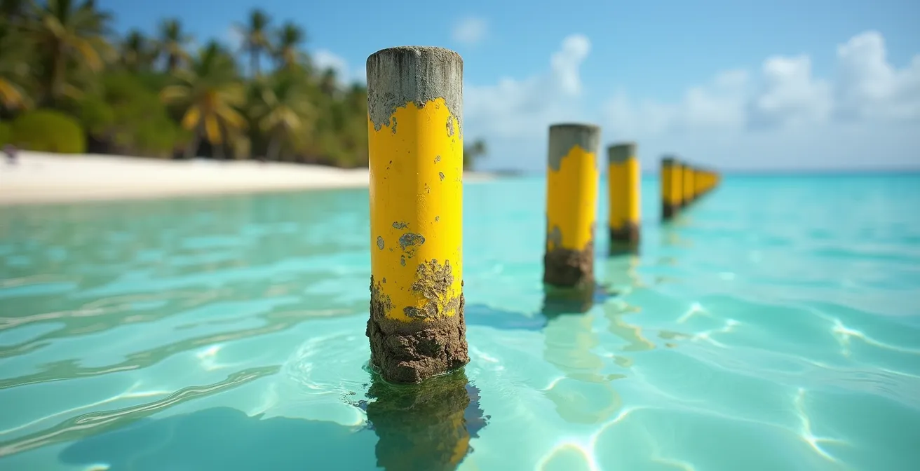 Poteaux jaunes délimitant une zone sanctuaire dans le lagon de l'Ermitage avec panneau explicatif sur la plage