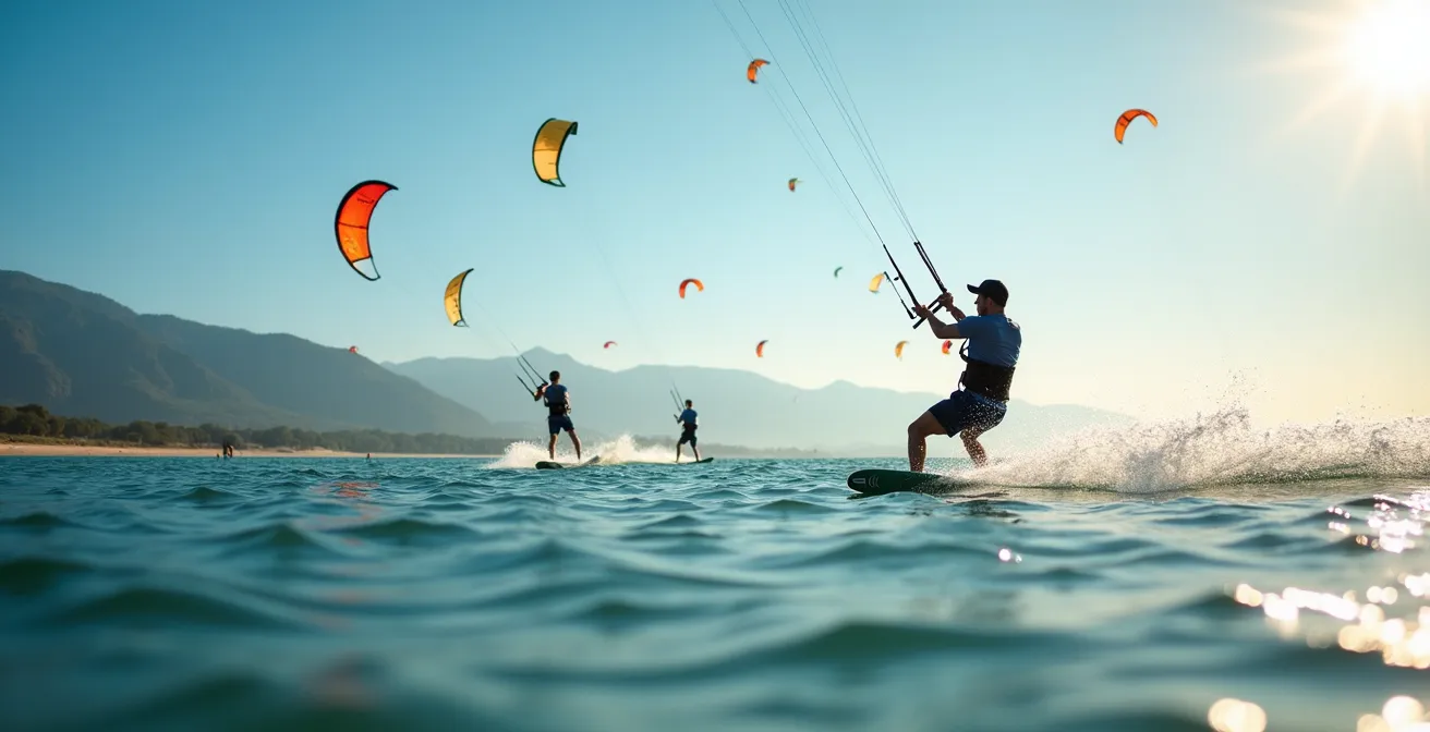 Kitesurfeurs profitant de la brise de mer l'après-midi sur le lagon de Saint-Leu