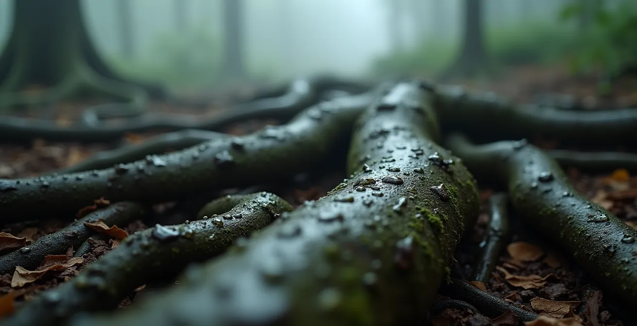 Gros plan sur des racines de Tamarin des Hauts recouvertes de gouttelettes dans le brouillard