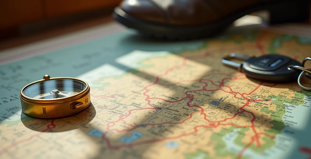 Carte topographique montrant les routes sinueuses et les temps de trajet entre les trois cirques de La Réunion