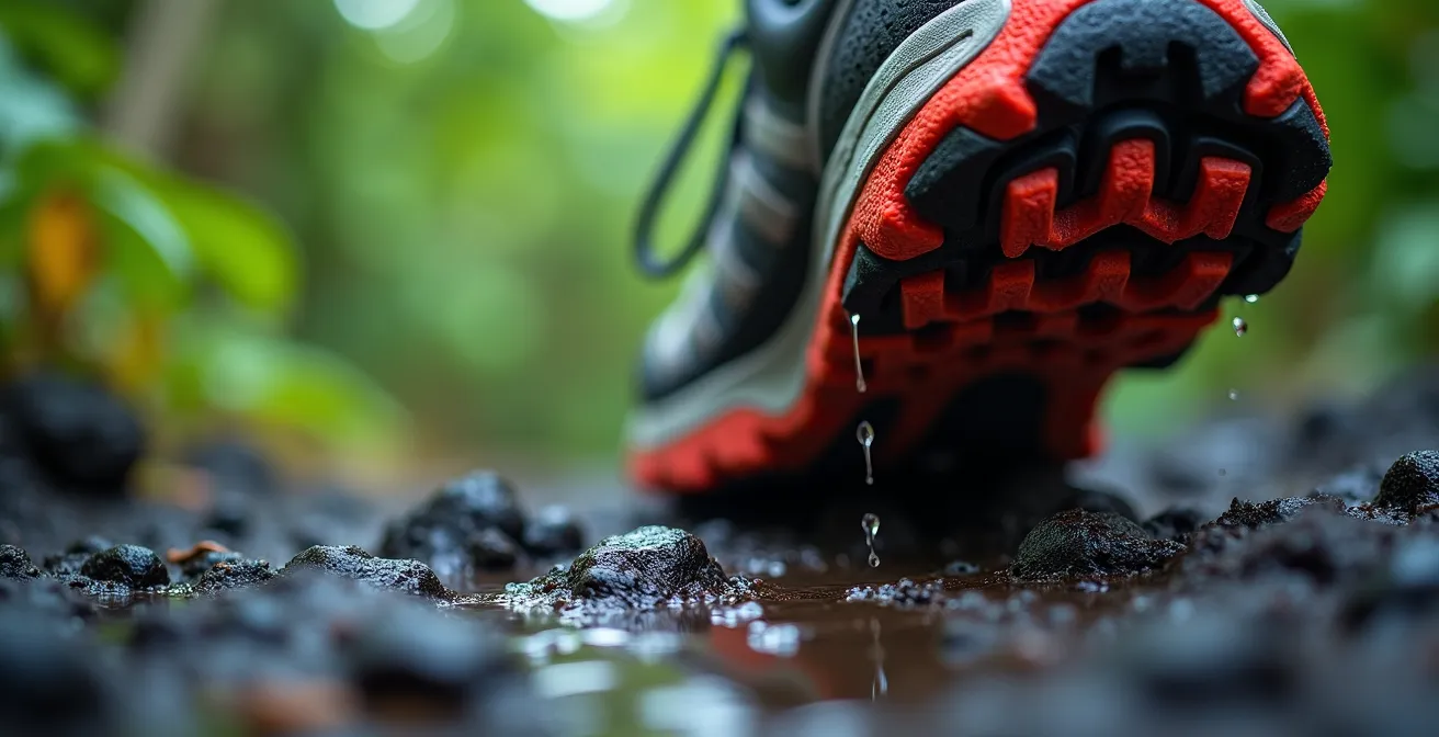 Détail de chaussures de trail sur rocher volcanique humide à La Réunion