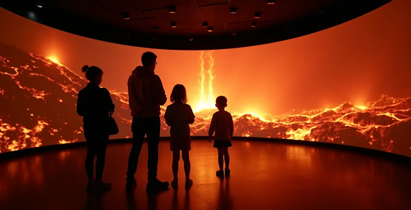 Intérieur moderne de la Cité du Volcan avec visiteurs observant une projection immersive de lave en fusion