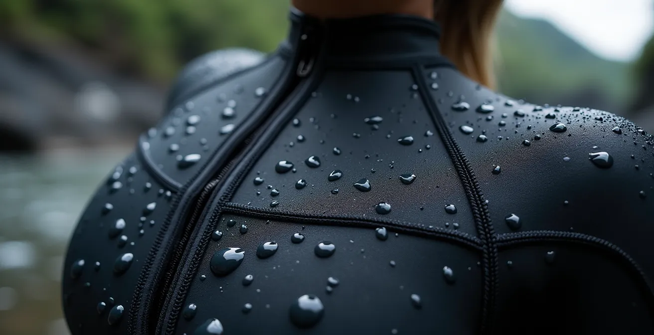 Gros plan sur la texture du néoprène épais avec des gouttes d'eau perlant sur la surface