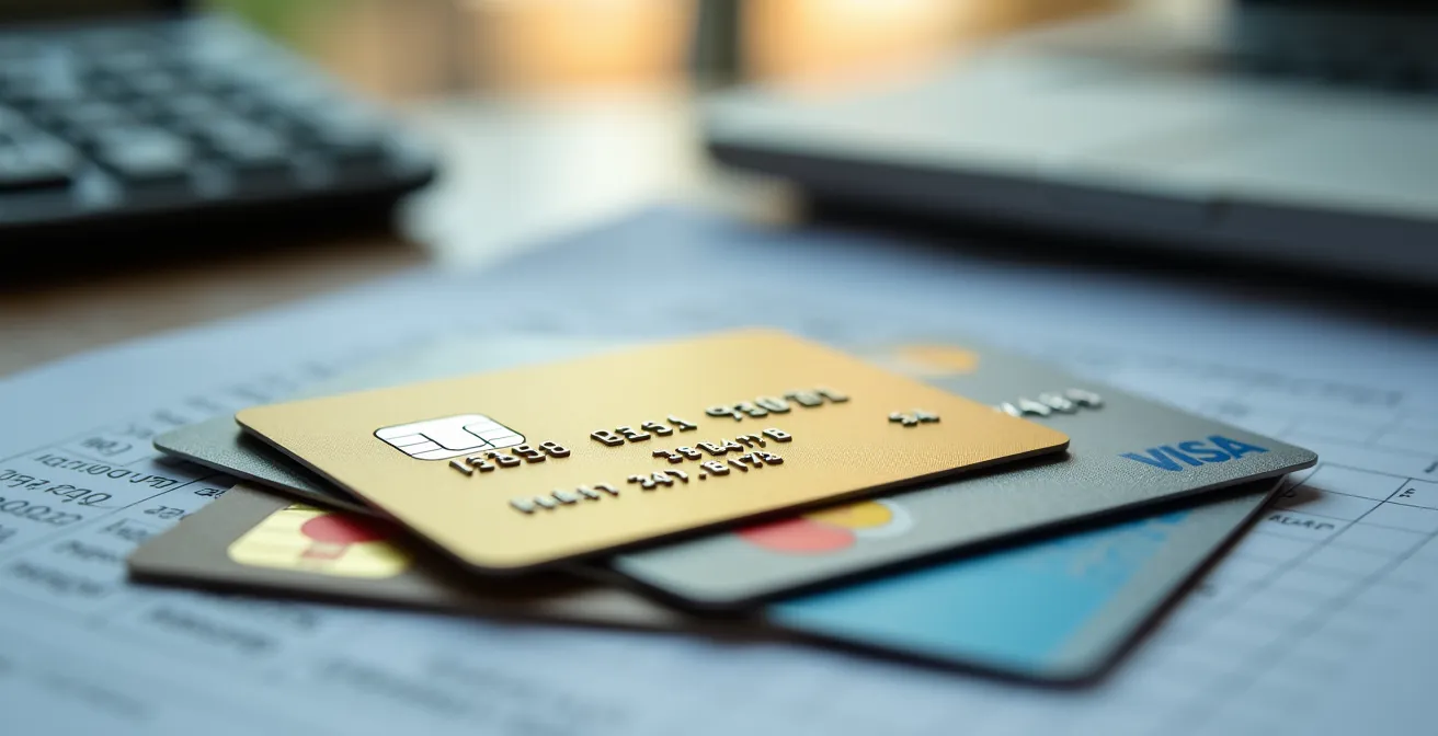 Gros plan sur différentes cartes bancaires posées sur un contrat de location avec calculatrice affichant des montants