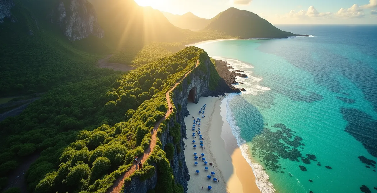 Vue aérienne montrant un cirque verdoyant de La Réunion d'un côté et une plage de lagon mauricien de l'autre