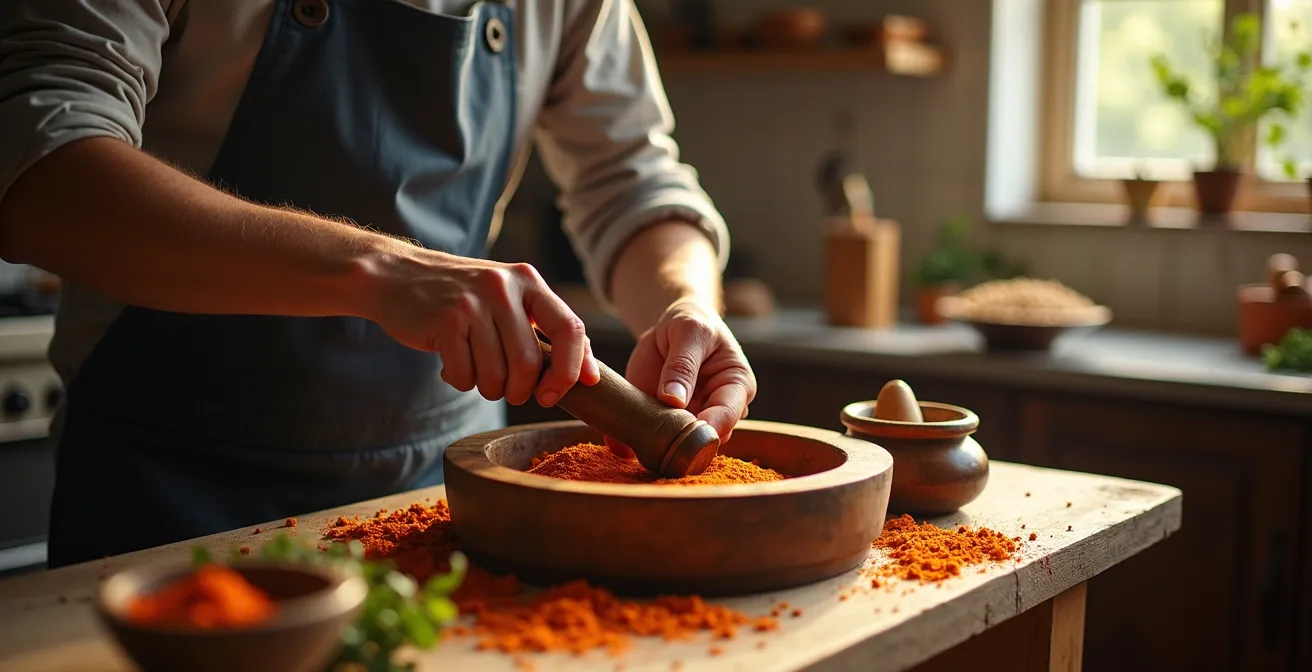 Mains expertes guidant des mains plus jeunes dans le pilage d'épices dans un mortier traditionnel en bois.