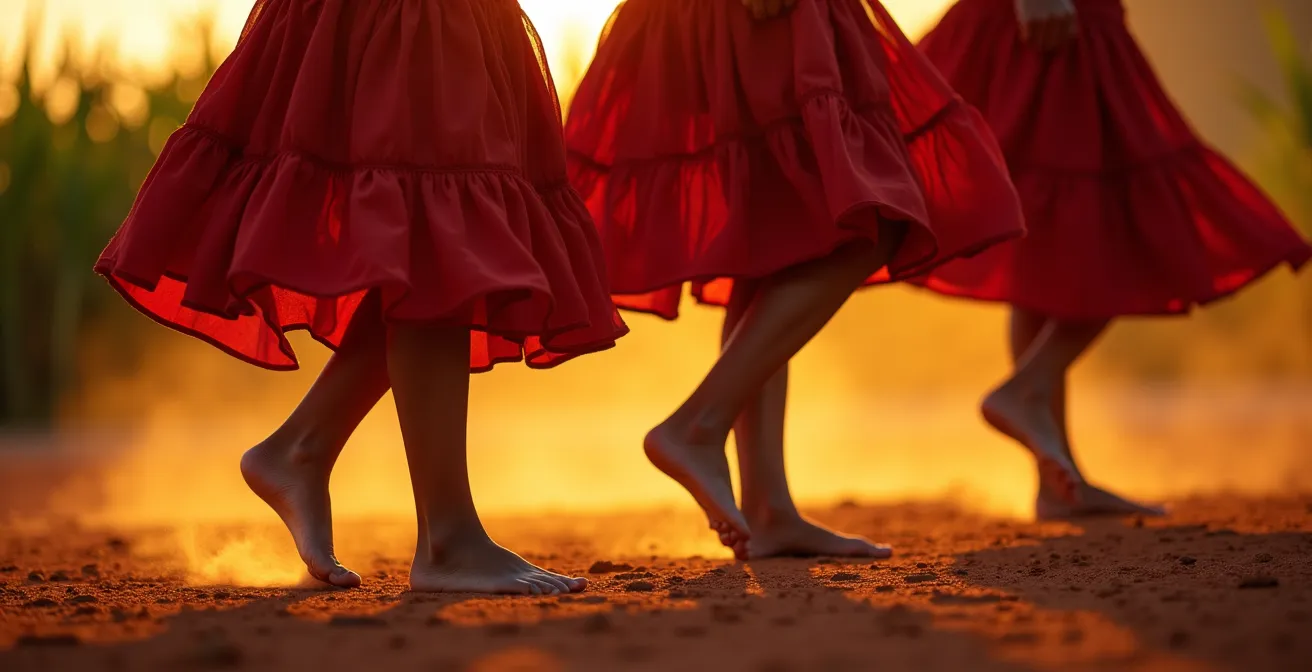 Danseurs de maloya en mouvement traditionnel ancré dans la terre