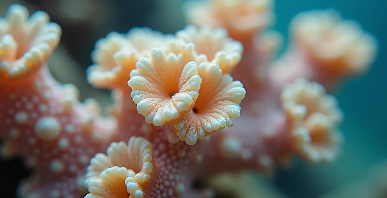 Détail macro d'une structure corallienne montrant sa texture fragile et poreuse