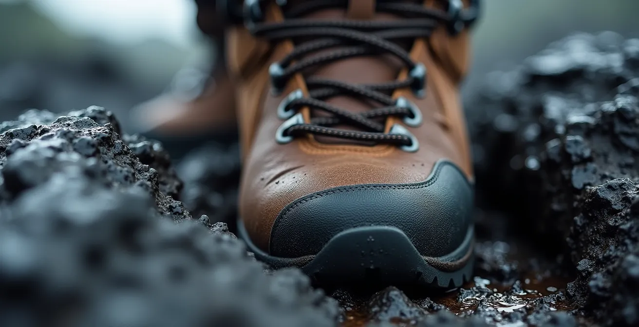 Gros plan sur semelle crantée de chaussure de randonnée sur roche volcanique
