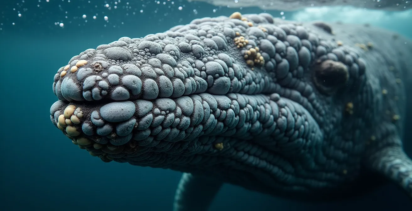 Vue macro de la peau texturée d'une baleine à bosse avec tubercules et bernacles caractéristiques
