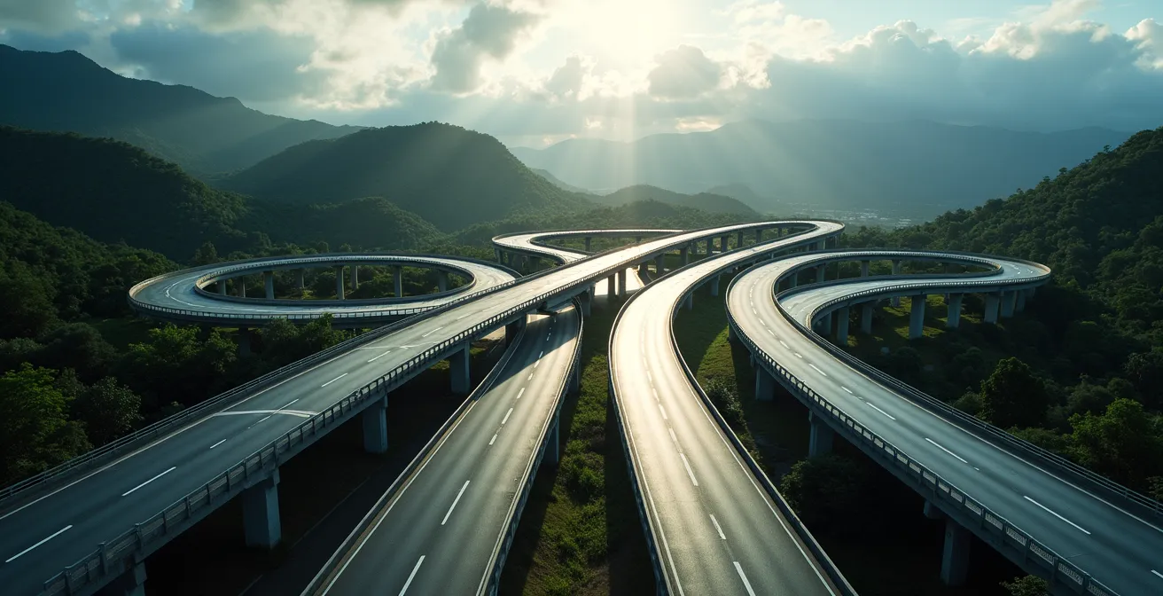 Vue aérienne d'un échangeur sur la Route des Tamarins montrant les voies de sortie vers les Hauts