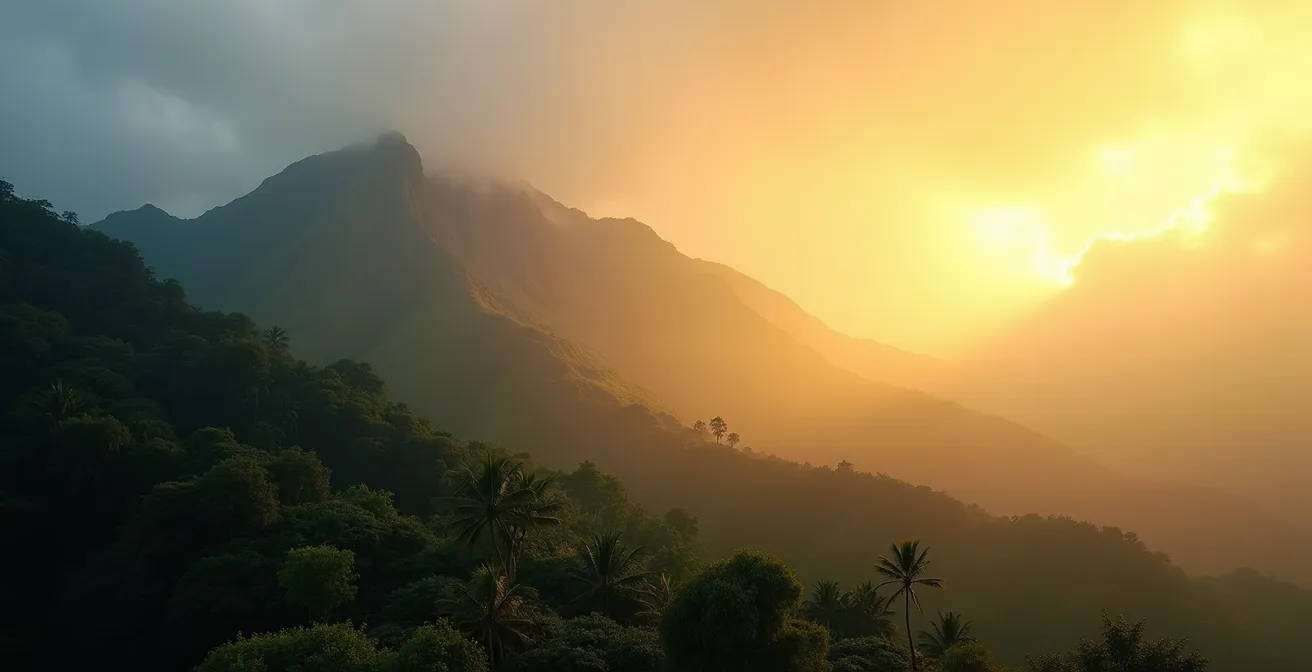 Vue en coupe du massif montagneux de La Réunion montrant les nuages bloqués côté est