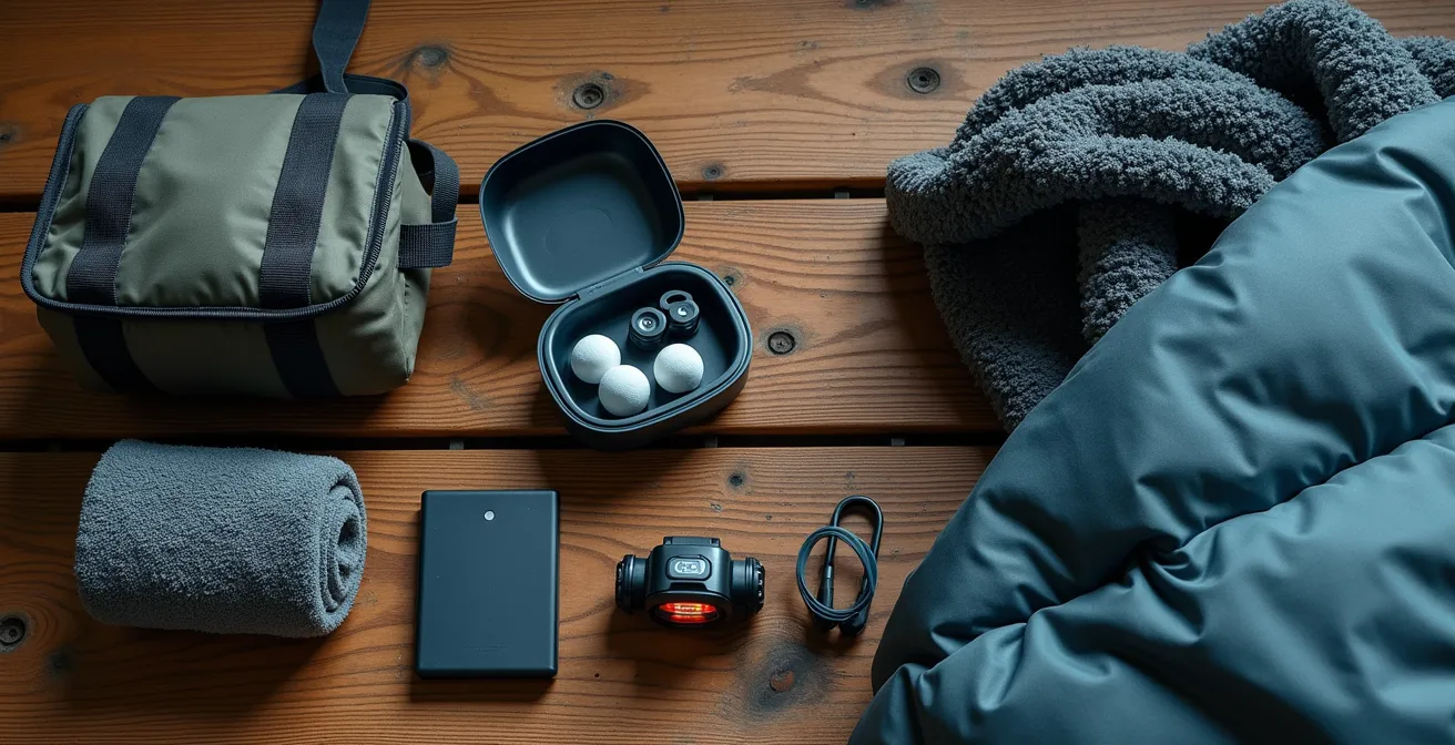Équipement de randonneur étalé sur un lit de gîte incluant drap de sac, lampe frontale et affaires personnelles