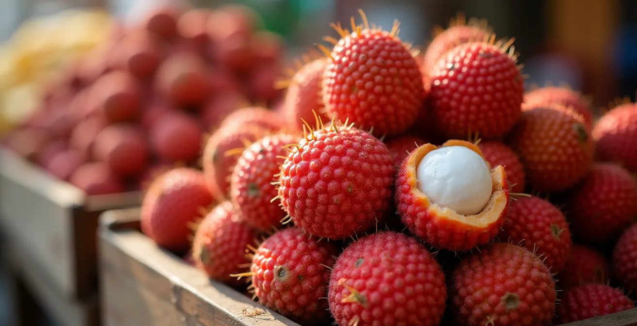 Étalage de letchis frais sur un marché traditionnel de Saint-André à La Réunion