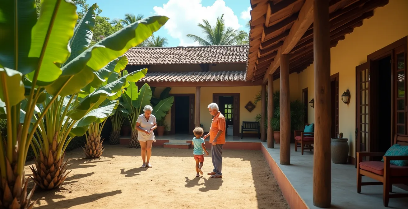 Trois générations d'une famille réunionnaise réunies dans une cour créole