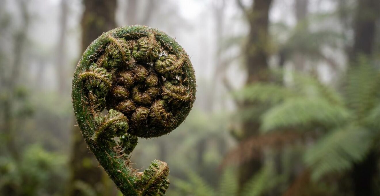 Forêt primaire de Bélouve avec ses fougères arborescentes géantes dans la brume matinale