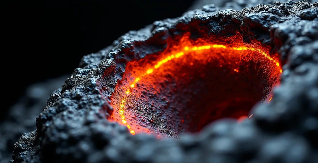 Coupe géologique montrant la formation d'un tunnel de lave avec croûte solidifiée et écoulement central