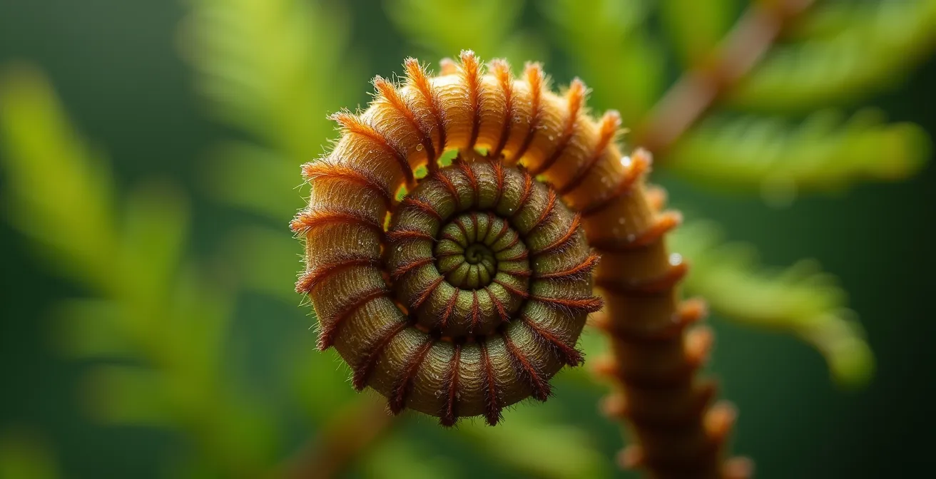 Détail macro d'une crosse de fougère arborescente se déroulant dans la forêt de Bélouve