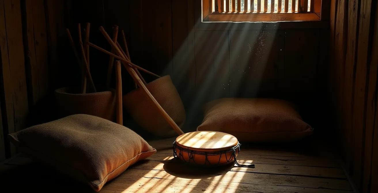 Instruments de maloya cachés dans une case créole pendant la période d'interdiction