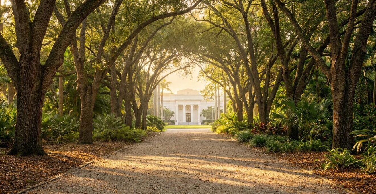 Vue panoramique du Jardin de l'État avec ses allées bordées d'arbres centenaires et le musée d'histoire naturelle en arrière-plan