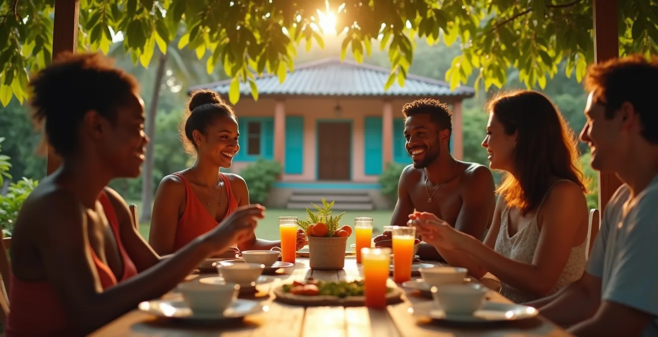 La kour créole traditionnelle avec ses plantes tropicales et son espace de vie partagé