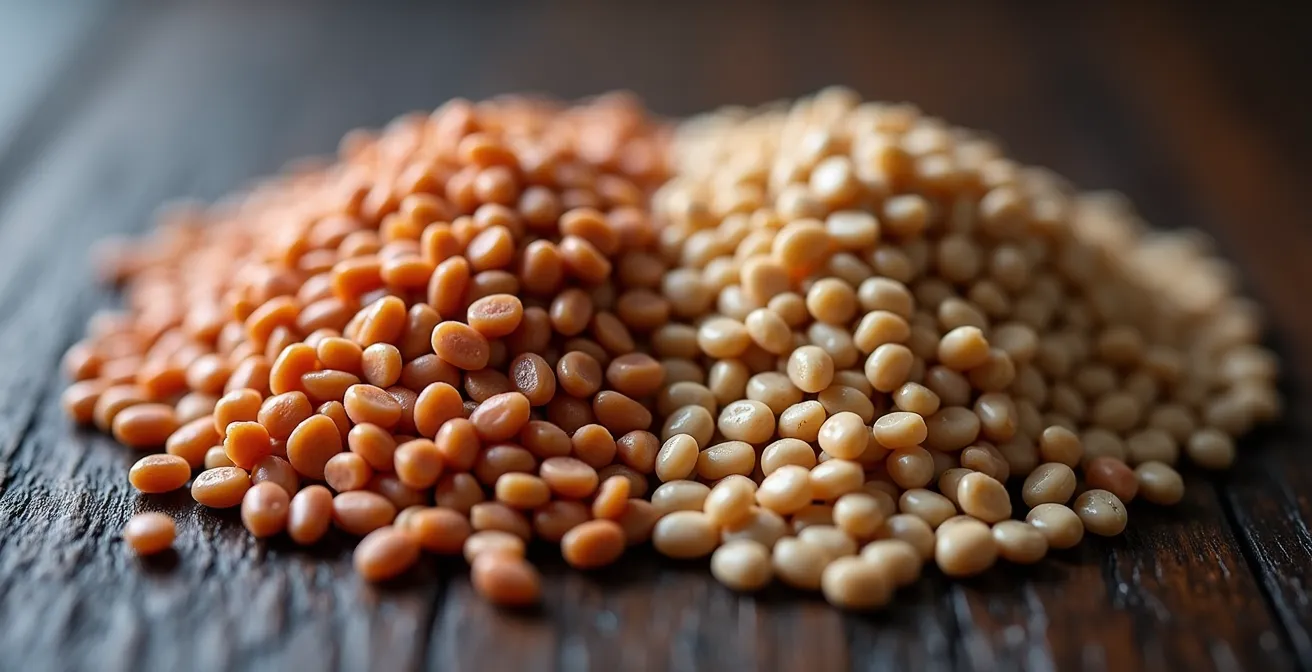 Comparaison visuelle entre vraies lentilles de Cilaos de petite taille et couleur hétérogène, et des lentilles d'importation plus grosses et uniformes.