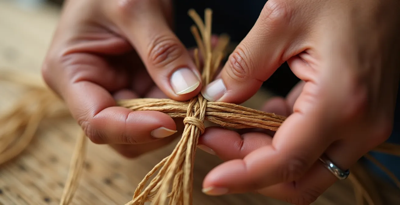 Gros plan sur les mains d'un artisan montrant la technique de tressage à quatre brins du vacoas