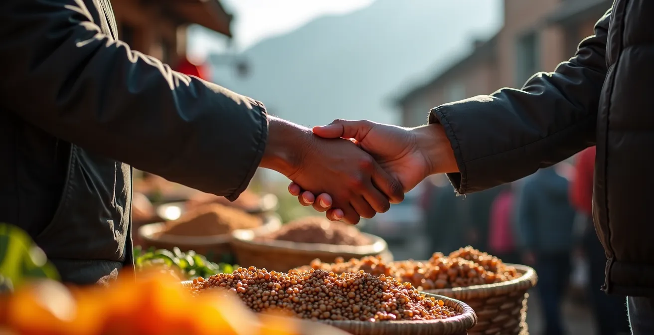 Scène de marché forain matinal dans les Hauts avec vendeurs locaux et leurs étals de fruits et légumes