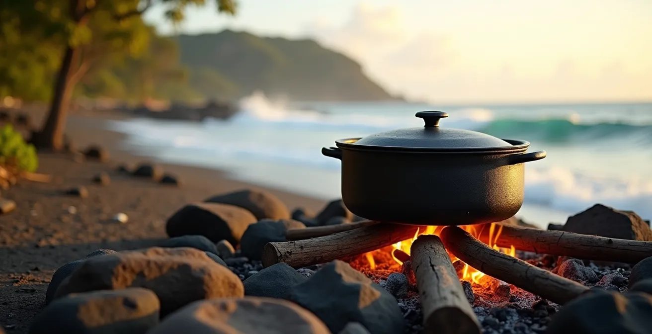 Grande marmite en fonte sur feu de bois lors d'un pique-nique familial réunionnais