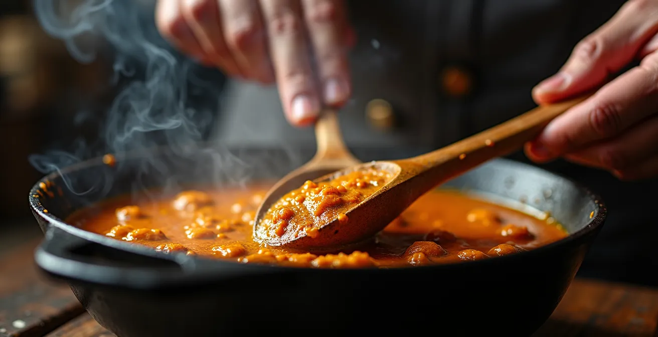 Marmite de carry mijotant sur feu de bois avec mains expertes d'une cuisinière créole