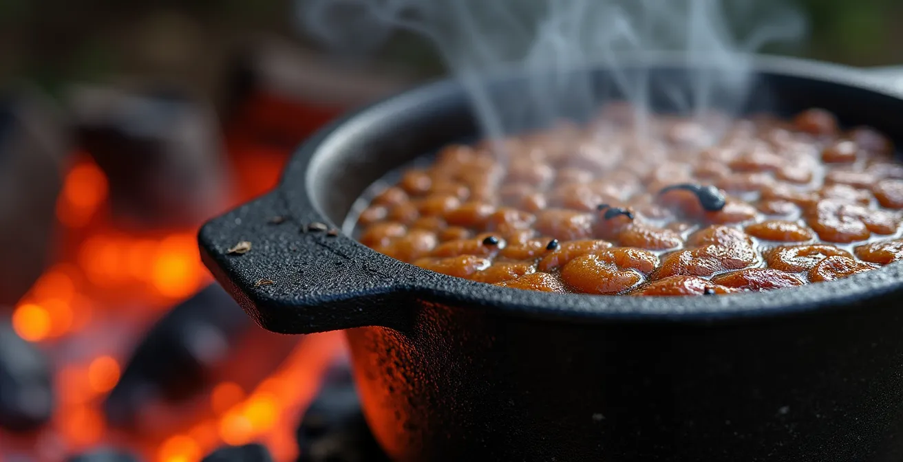 Gros plan sur une marmite en fonte noircie posée sur des braises rougeoyantes
