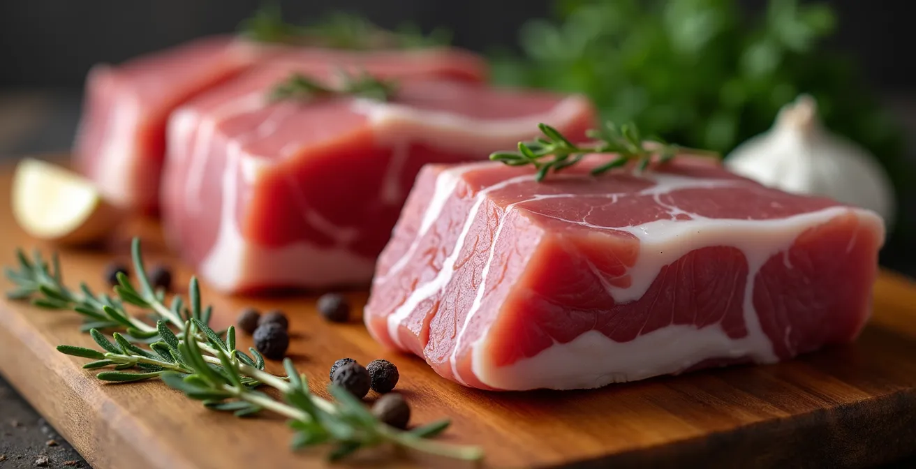 Gros plan sur des morceaux d'échine de porc persillés sur une planche à découper en bois, entourés d'épices.