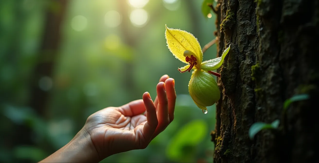 Orchidée Faham épiphyte couverte de gouttelettes d'eau sur un tronc de Tamarin