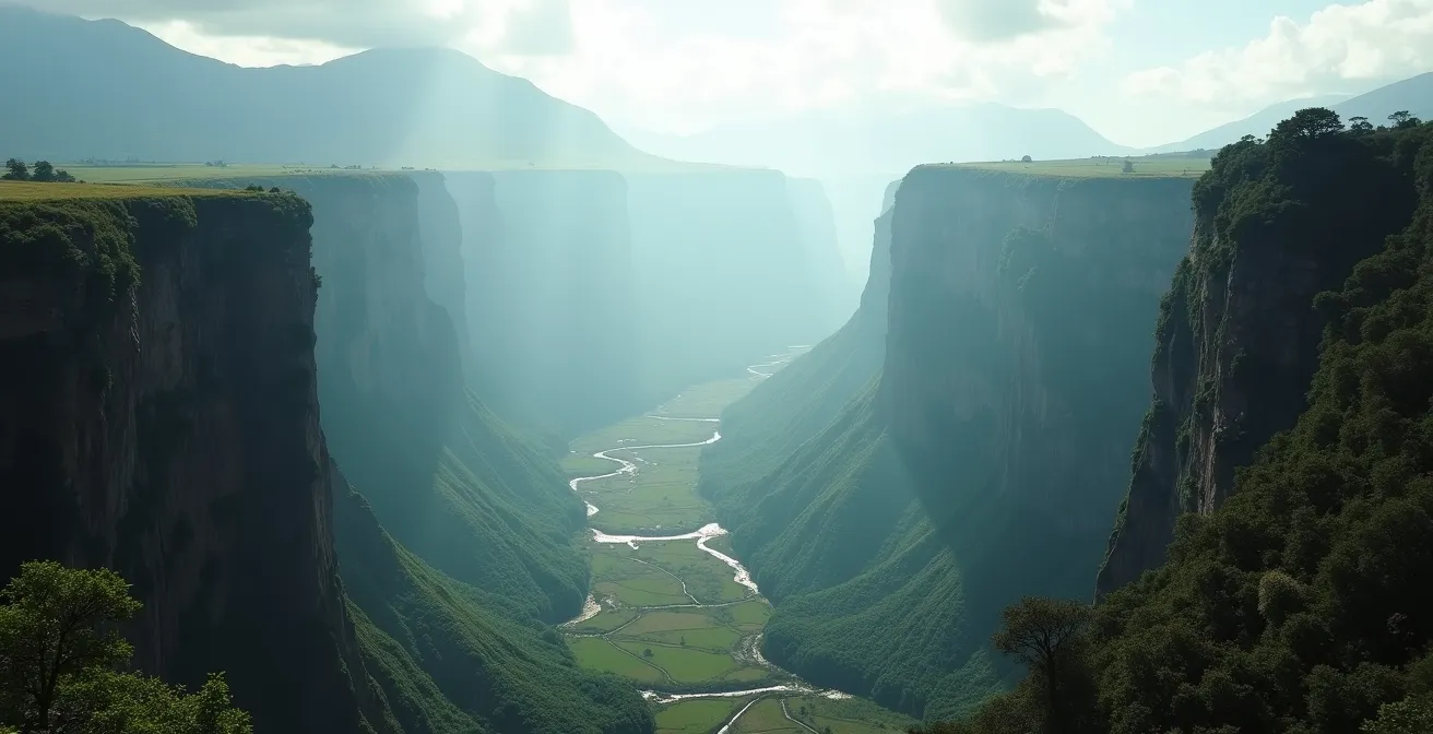 Vue aérienne du cirque de Mafate montrant les reliefs escarpés et les plateaux isolés qui servaient de refuge