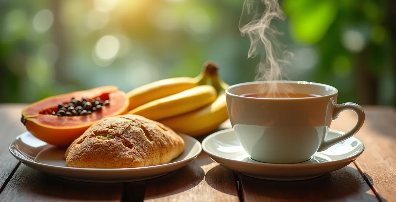 Table de petit-déjeuner léger avec fruits tropicaux locaux et thé au gingembre à La Réunion
