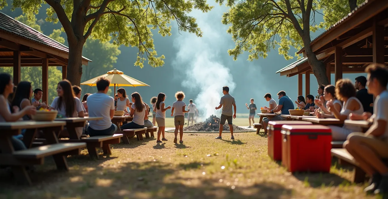 Familles réunionnaises partageant un repas sur une aire de pique-nique dans les Hauts