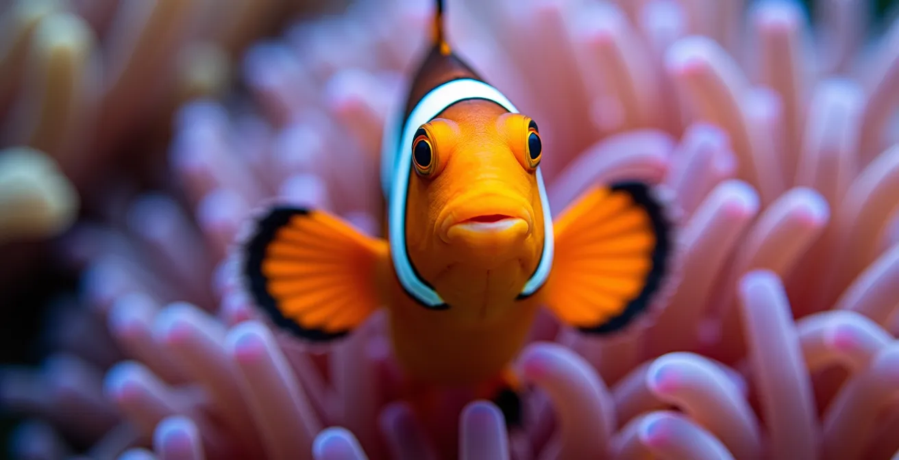 Poisson-clown endémique de La Réunion nageant près d'une anémone dans le lagon
