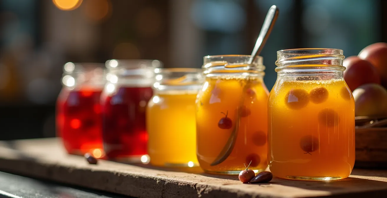 Pots en verre de confitures artisanales réunionnaises montrant une texture riche avec de vrais morceaux de fruits visibles.