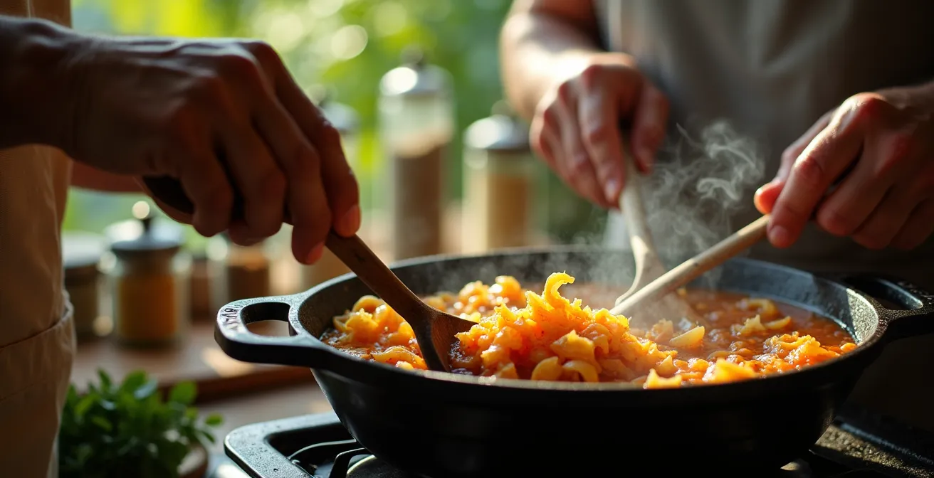 Base aromatique dorée d'oignons, ail et gingembre pour le roussi créole