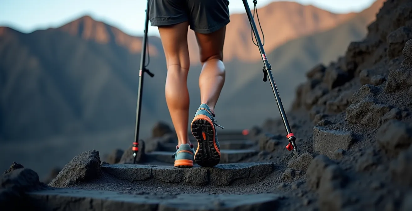 Technique de descente avec bâtons sur les marches volcaniques du GR R2