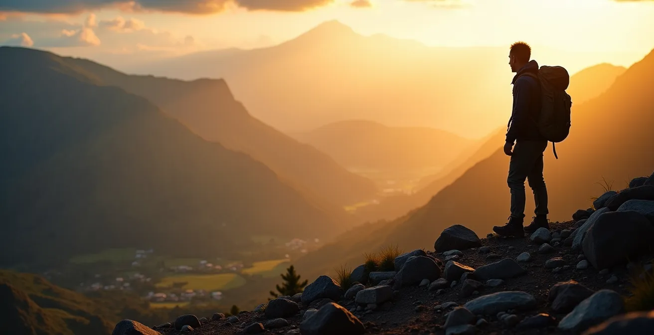 Randonneur solitaire contemplant le cirque de Mafate depuis un promontoire rocheux au lever du soleil