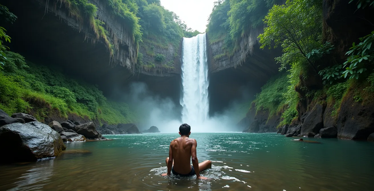 Randonneur se reposant près d'une cascade dans un cirque de La Réunion