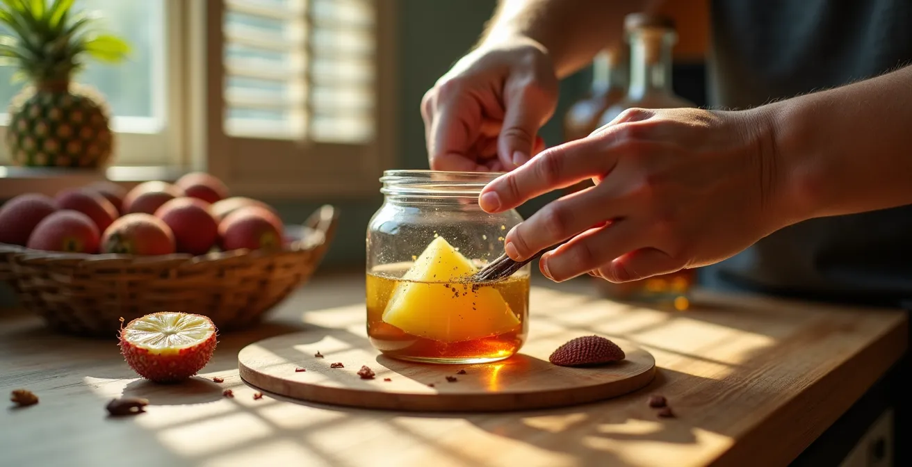 Préparation de rhum arrangé avec gousses de vanille recyclées et fruits tropicaux
