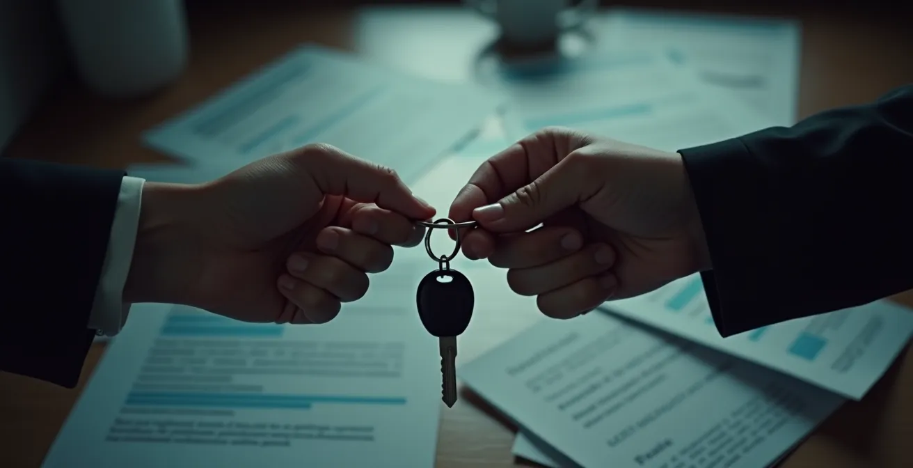 Échange de clés de voiture avec documents officiels flous en arrière-plan
