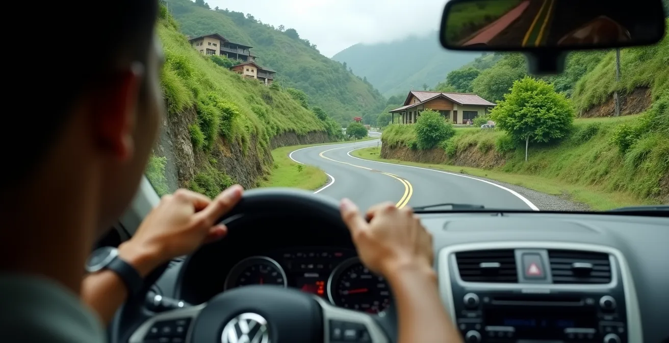Route sinueuse de montagne traversant la végétation tropicale des Hauts de La Réunion avec virages en épingle