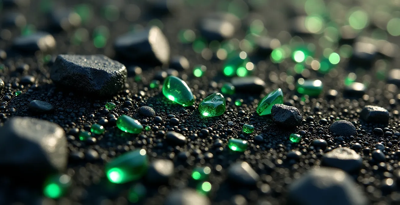 Texture détaillée du sable noir volcanique de l'Étang-Salé avec cristaux d'olivine brillants sous le soleil